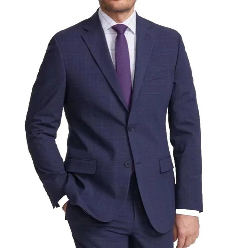 DKNY Mens Modern‎ fit 2-pc Suit Jacket 40L Navy Blue Solid Plaid Pants 35W 33L
